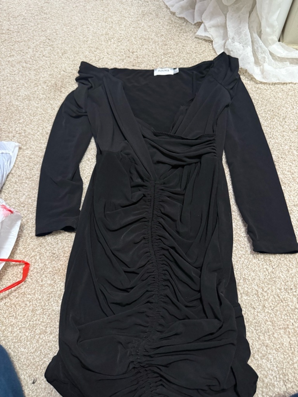 Flounce Black Ruched V-Neck Long Sleeve Dress